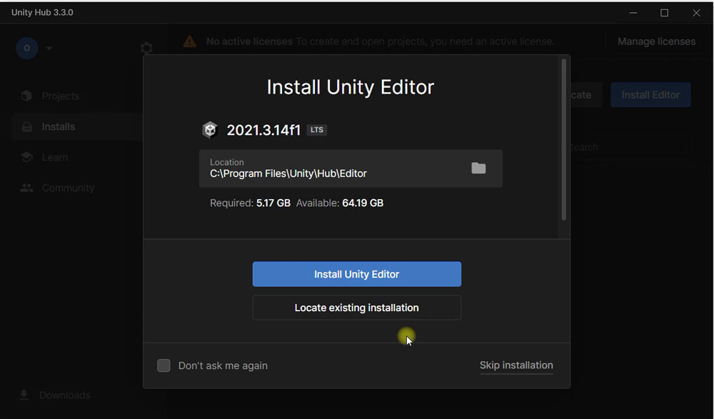 unity install default path